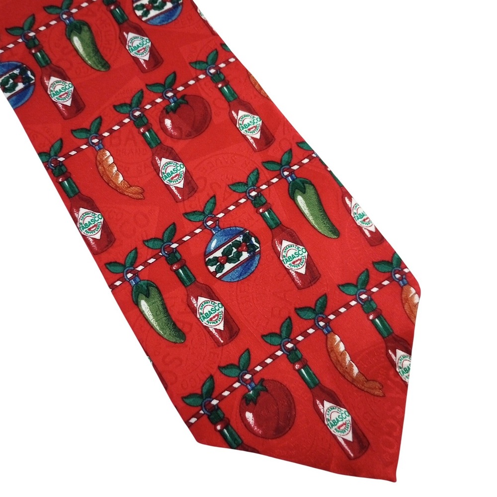 Tabasco Mens Red Christmas Silk Tie Holiday Hot Sauce Bottle Jalapeno Novelty
